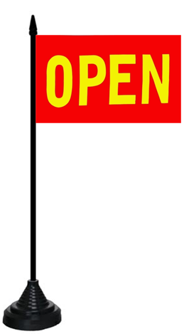 Open (gelb auf rotem Hintergrund) Tischflagge 10x15 cm