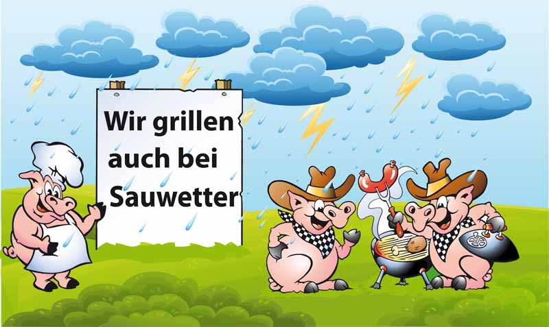 Grillen Wir grillen auch bei Sauwetter Flagge 90x150 cm (EHD)