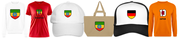 Flaggenmotiv Äthiopien auf Shirt, Trikot, Cap und Tasche