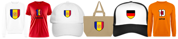 Flaggenmotiv Andorra auf Shirt, Trikot, Cap und Tasche