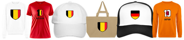 Flaggenmotiv Belgien auf Shirt, Trikot, Cap und Tasche