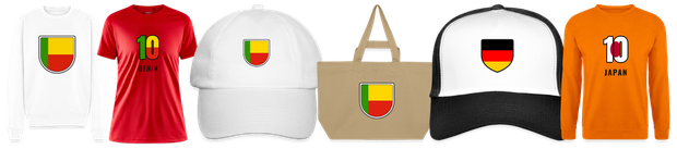 Flaggenmotiv Benin auf Shirt, Trikot, Cap und Tasche