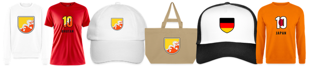 Flaggenmotiv Bhutan auf Shirt, Trikot, Cap und Tasche