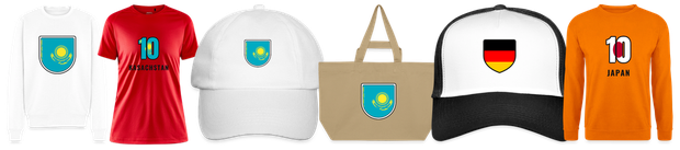 Flaggenmotiv Kasachstan auf Shirt, Trikot, Cap und Tasche