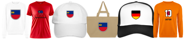 Flaggenmotiv Liechtenstein auf Shirt, Trikot, Cap und Tasche