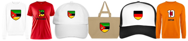 Flaggenmotiv Mosambik auf Shirt, Trikot, Cap und Tasche