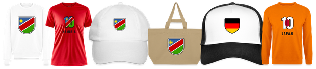 Flaggenmotiv Namibia auf Shirt, Trikot, Cap und Tasche