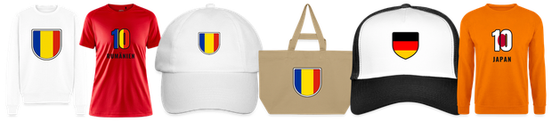 Flaggenmotiv Rumänien auf Shirt, Trikot, Cap und Tasche