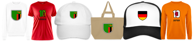 Flaggenmotiv Sambia auf Shirt, Trikot, Cap und Tasche