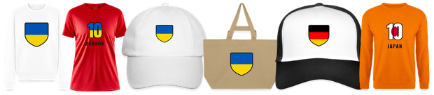 Flaggenmotiv Ukraine auf Shirt, Trikot, Cap und Tasche